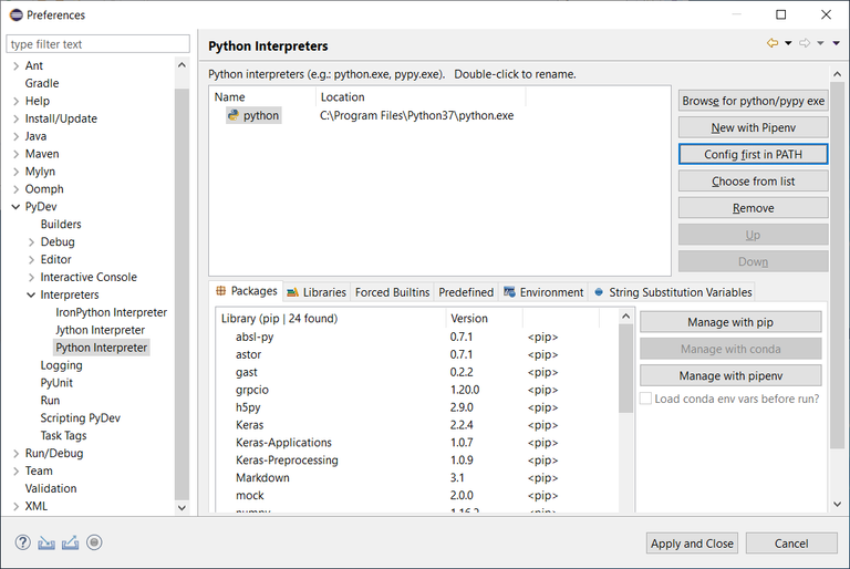 Eclipse - PyDev Einstellungen / Python Interpreter - Config first